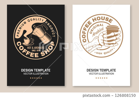 Set of Restaurant and Coffee shop flyer, poster, banner design. Vector. Concept for cafe and restaurant logo, brand, label with human skeleton hand holding coffee cup, cup coffee maker. International 126808150