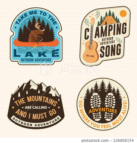 Extreme adventure artwork for poster, sticker with camping quote. Vector. Concept for shirt or logo, print, stamp or tee. Summer camp 126808154