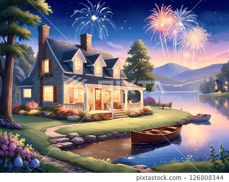 American lakeside village with fireworks-3 126808344