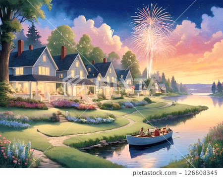 American lakeside village with fireworks-4 126808345
