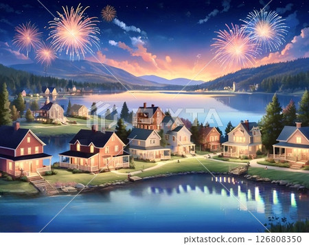 American lakeside village with fireworks-9 126808350