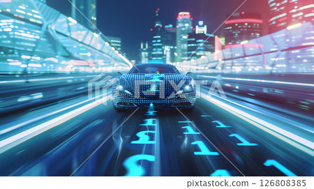 Self-driving car navigating a cityscape with binary Self-driving car navigating a cityscape with binary 126808385