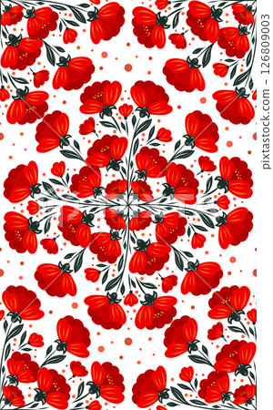 Vector decorative kaleidoscope pattern with red poppies on a white background. Texture with floral mandala in folk art style 126809003