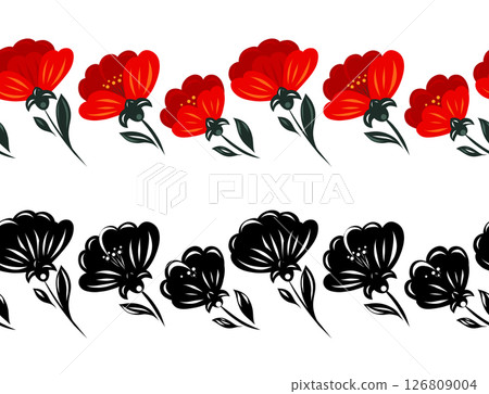 Vector set of decorative friezes with red poppies in a row isolated from background. Collection of floral friezes in folk art style Vector set of decorative friezes with red poppies in a row isolated from background. Collection of floral friezes in folk art style 126809004
