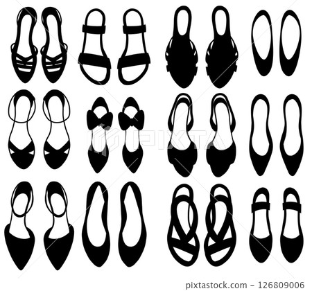Vector set of various women summer shoes. Collection of monochrome clip arts of sandals and flip flops 126809006