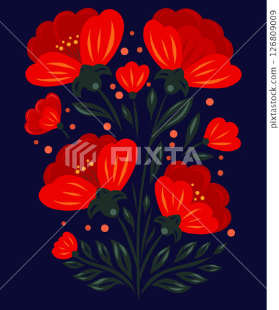 Vector illustration of a bright red floral bouquet. Decorative stylized poppies and green leaves in folk art style 126809009