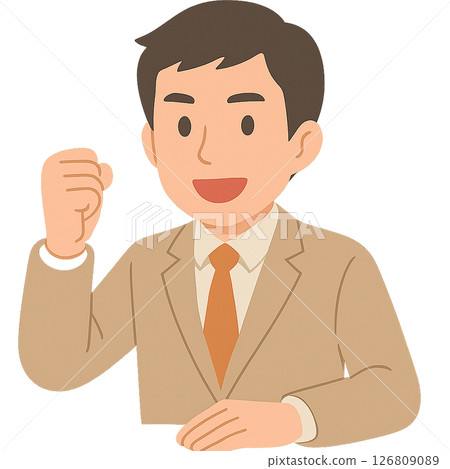 A man in a beige suit showing his motivation with a fist pump, an illustration of a businessman cheering with a positive smile, to success 126809089