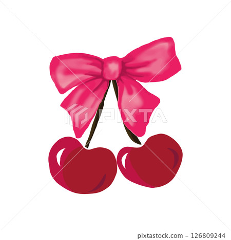 Pink Coquette with cherry fruit sticker illustration for decor, isolate on white background Pink Coquette with cherry fruit sticker illustration for decor, isolate on white background 126809244