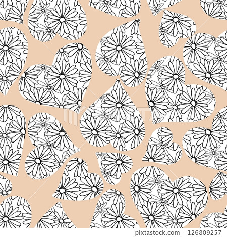A bouquet of daisy flowers arranged in a neat heart-shaped pattern. The flower is drawn with delicate line art, a simple and minimalistic feel. Seamless pattern background for textile design A bouquet of daisy flowers arranged in a neat heart-shaped pattern. The flower is drawn with delicate line art, a simple and minimalistic feel. Seamless pattern background for textile design 126809257