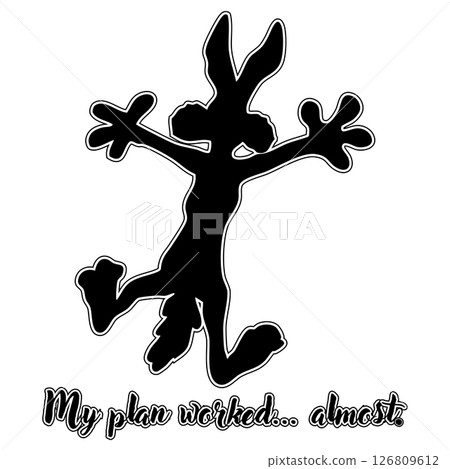 Funny silhouette of a cartoon coyote imprinted on a wall, illustration, vector 126809612