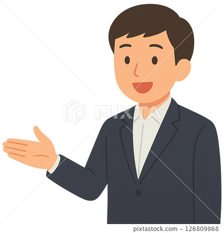 A man in a suit guiding with his right hand out, an illustration of a businessman giving a smiling explanation, guiding carefully 126809868
