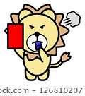 Illustration of an angry lion character holding up a red card to warn a player / Material that can be used for dismissal, foul play, and refereeing scenes 126810207