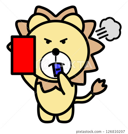 Illustration of an angry lion character holding up a red card to warn a player / Material that can be used for dismissal, foul play, and refereeing scenes 126810207
