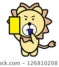 Illustration of a serious lion character holding up a yellow card / Material that can be used for warning, caution, and refereeing scenes 126810208