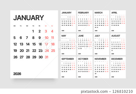 Monthly calendar layout for 2026. Planner diary. 126810210