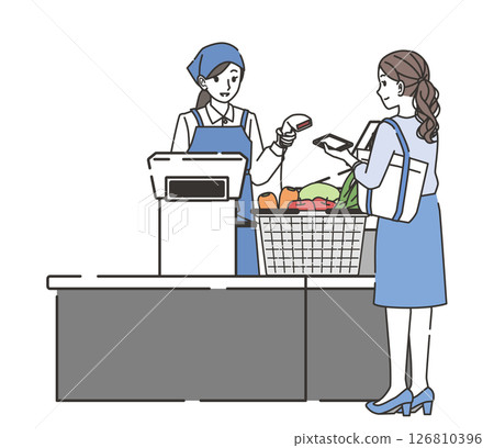 圖:一位女士在超市收銀台用智慧型手機付款 圖:一位女士在超市收銀台用智慧型手機付款 126810396