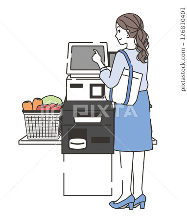 Illustration of a woman using a self-checkout 126810401