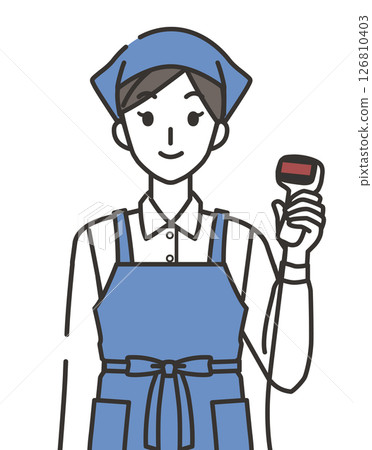 Illustration of a female store clerk holding a barcode reader Illustration of a female store clerk holding a barcode reader 126810403