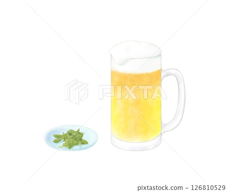 黃啤酒倒入杯和毛豆，水彩畫 126810529