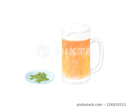 Orange beer poured into a mug and edamame, watercolor 126810531