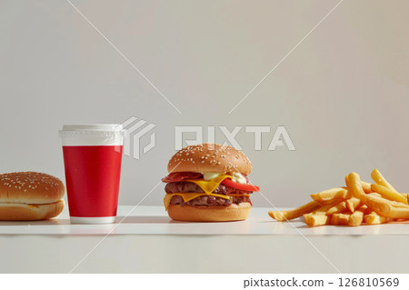 Classic fast food combo meal with burger, fries, and drink on clean background. 126810569