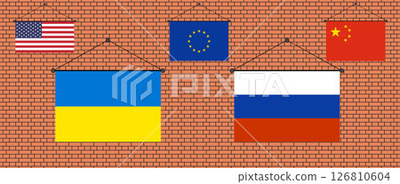 Vector illustration of world flags set including Ukraine, United States, China, European Union and Russia in original proportions isolated on brick wall background Vector illustration of world flags set including Ukraine, United States, China, European Union and Russia in original proportions isolated on brick wall background 126810604