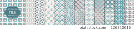 Collection of tile mosaic seamless ornamental vector patterns. Elegant color geometric oriental repeatable backgrounds, symmetric textures Collection of tile mosaic seamless ornamental vector patterns. Elegant color geometric oriental repeatable backgrounds, symmetric textures 126810616