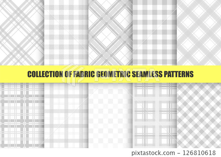 Collection of vector gray textile seamless patterns - geometric striped design. Vector repeatable cloth monochrome backgrounds. Classic tartan plaid fabric prints Collection of vector gray textile seamless patterns - geometric striped design. Vector repeatable cloth monochrome backgrounds. Classic tartan plaid fabric prints 126810618