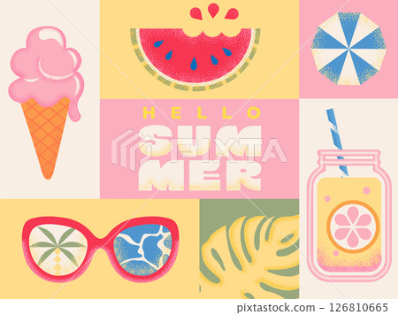 Retro summer banner with textured symbols of hot season - ice cream, watermelon, lemonade, sunglasses and tropical leaf. Template for posters,covers,web,marketing and print. Vector illustration. 126810665