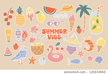 Summer set of hand drawn stickers for hot season, funny doodle holiday beach elements -watermelon,lemon,ice cream, palm,drinks. Isolated elements for scrapbooking. Perfect for templates,web. Vector 126810668