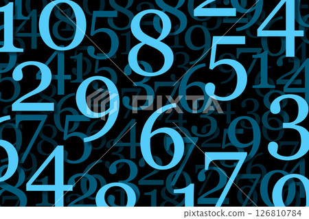 Blue numerals, randomly distributed, against black background. Dynamic pattern, composed of overlapping numbers from zero to nine. Visual effect and a symbol for big data, complexity, or numerology. Blue numerals, randomly distributed, against black background. Dynamic pattern, composed of overlapping numbers from zero to nine. Visual effect and a symbol for big data, complexity, or numerology. 126810784