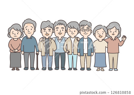 Illustration of eight senior men and women gathering together 126810858