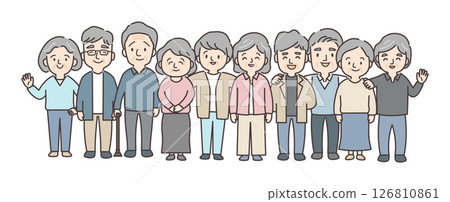 An illustration of 10 senior men and women gathering together An illustration of 10 senior men and women gathering together 126810861