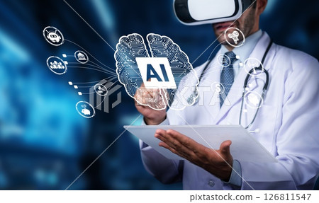 Doctor in Virtual Reality Headset Interacting with AI Brain Graphic, Healthcare Innovation, Digital Technology in Medical Field, Future Medicine Concept. PHMT Doctor in Virtual Reality Headset Interacting with AI Brain Graphic, Healthcare Innovation, Digital Technology in Medical Field, Future Medicine Concept. PHMT 126811547