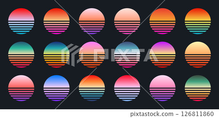 Vintage colorful sunset. Striped gradient sunrise badges in 80s and 90s style. Sun and ocean view, summer vibes, surfing. Design element for print, logo or t-shirt. Vector illustration Vintage colorful sunset. Striped gradient sunrise badges in 80s and 90s style. Sun and ocean view, summer vibes, surfing. Design element for print, logo or t-shirt. Vector illustration 126811860