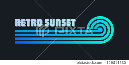 Vintage colorful sunset. Various gradient striped sunrise badges in 80s and 90s style. Sun and ocean view, summer vibes, surfing. Design element for print, logo or t-shirt. Vector illustration 126811880