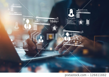 Individual Accessing Personal Data on Laptop with Digital Security Elements in Modern Cyberspace Environment XDMCP 126811882