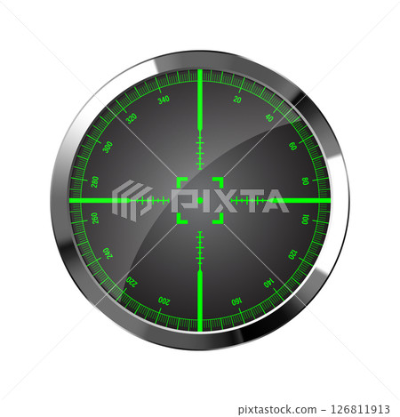 Chrome weapon night sight, sniper rifle optical scope. Hunting gun viewfinder with crosshair. Aim, shooting mark symbol. Military target sign, silhouette. Game UI element. Vector illustration 126811913