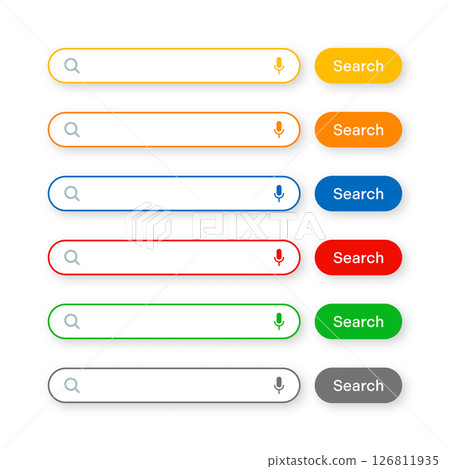 Various search bar templates. Internet browser engine with search box, address bar and text field. UI design, website interface element with web icons and push button. Vector illustration Various search bar templates. Internet browser engine with search box, address bar and text field. UI design, website interface element with web icons and push button. Vector illustration 126811935