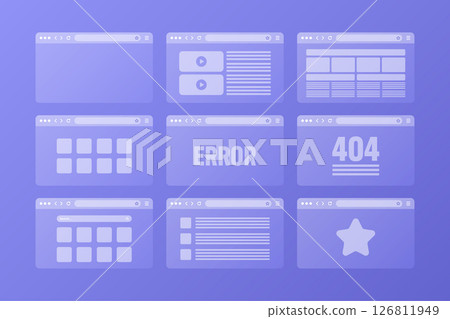 Web browser window, transparent pages layout with toolbar and search field. Modern website, internet page. Browser mockup for computer, tablet and smartphone. Adaptive UI. Vector illustration 126811949