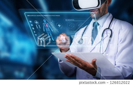 Medical professional using virtual reality technology for health assessment and patient care, showcasing innovation in modern healthcare practices.. PHMT 126812022