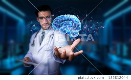 Doctor holding a virtual 3D brain hologram while analyzing medical data in a modern laboratory setting for comprehensive healthcare solutions. PHMT 126812044