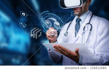 Medical Professional Using Virtual Reality Technology for Patient Treatment and Consultation in Modern Healthcare Environment. PHMT 126812060
