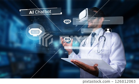 Medical professional using virtual reality technology to interact with AI chatbot in a futuristic healthcare environment. PHMT Medical professional using virtual reality technology to interact with AI chatbot in a futuristic healthcare environment. PHMT 126812063