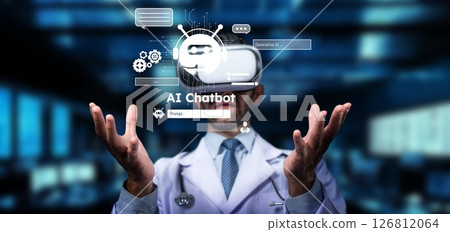 Professional in Virtual Reality Headset Engaging with AI Chatbot and Digital Interface in Modern Office Environment. PHMT 126812064