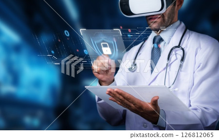 Doctor Using Virtual Reality Technology to Enhance Medical Practice and Patient Care with Futuristic Digital Interface in Modern Healthcare Setting. PHMT 126812065