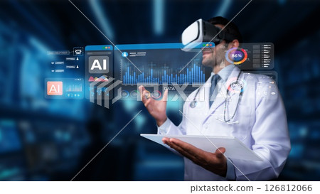 Doctor Using Virtual Reality Headset to Analyze Data and AI Insights in Medical Environment for Innovative Healthcare Solutions. PHMT 126812066