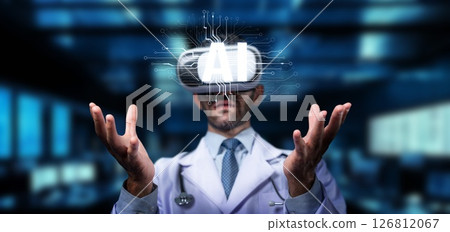 Doctor in Virtual Reality Headset Experiencing Artificial Intelligence Technology in Advanced Medical Environment. PHMT Doctor in Virtual Reality Headset Experiencing Artificial Intelligence Technology in Advanced Medical Environment. PHMT 126812067