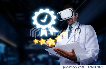 Doctor Using Virtual Reality Technology for Medical Training and Patient Care in Modern Healthcare Environment with Award Recognition Symbols. PHMT Doctor Using Virtual Reality Technology for Medical Training and Patient Care in Modern Healthcare Environment with Award Recognition Symbols. PHMT 126812078