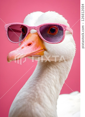 Funny white goose in pink sunglasses - summer fashion print design, isolated on colorful background 126812084